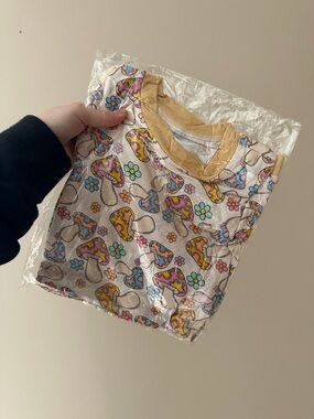 BAMBOO Cream Tee with Colorful Mushroom & Flower Print